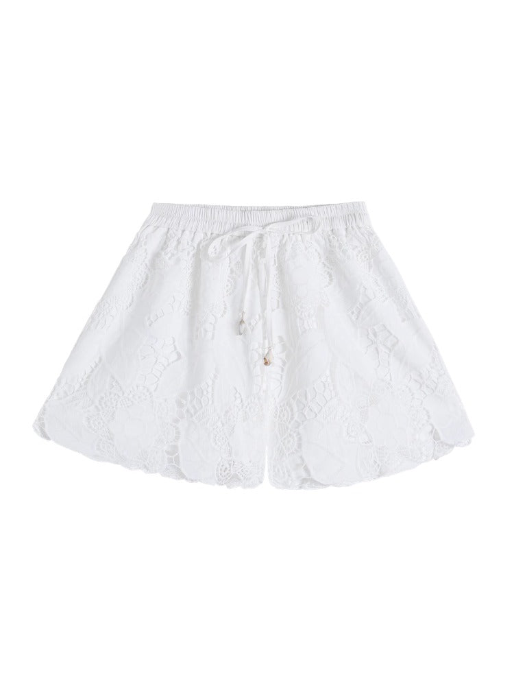 White Lace Hollow-Out Tie-Up Shorts