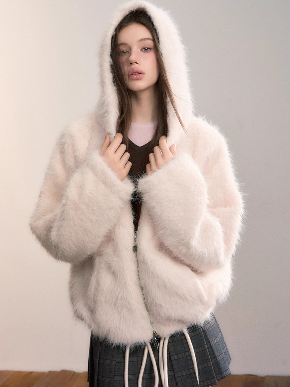 Fuzzy Hooded Plush Sweatshirt Jacket