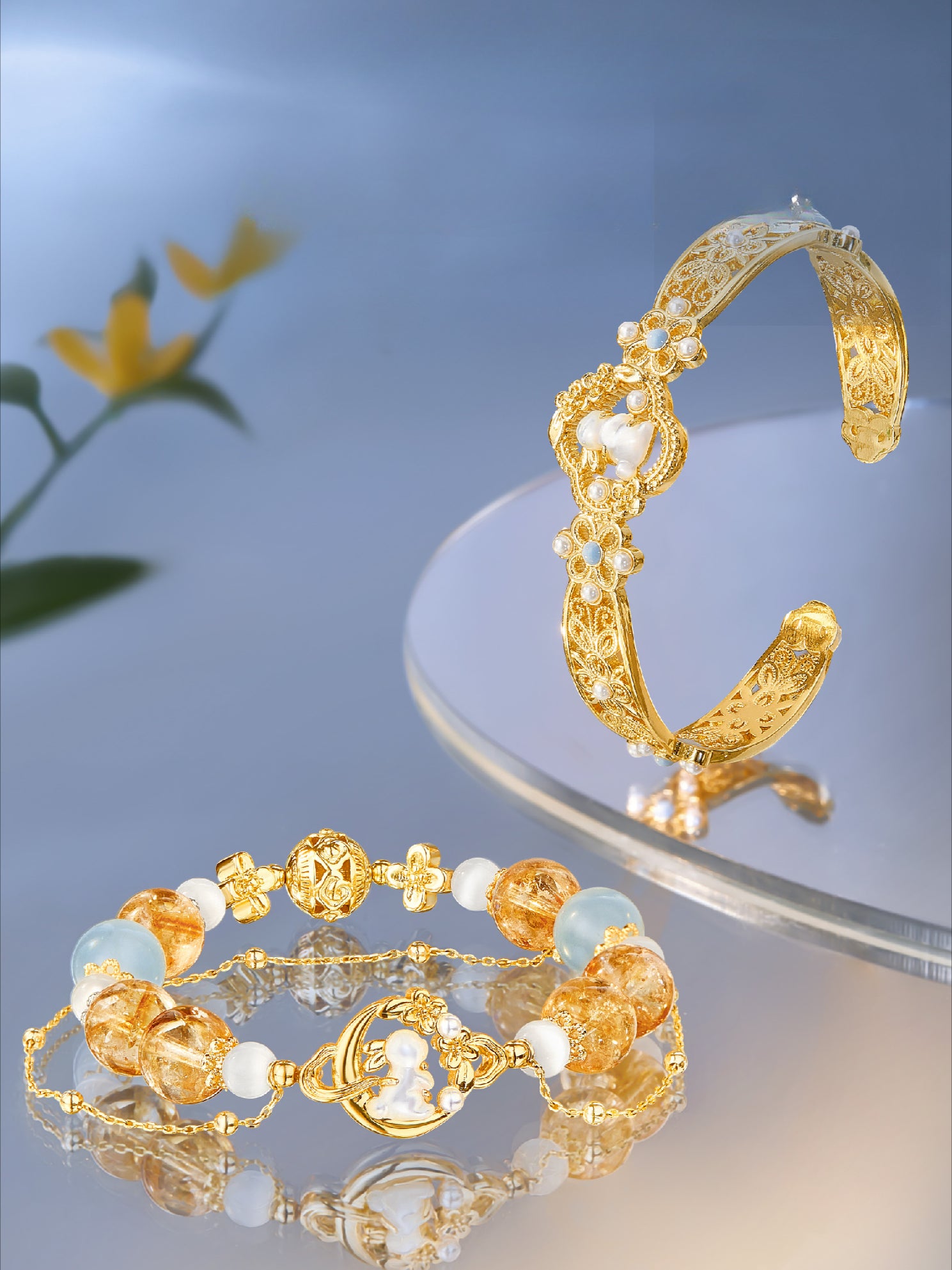 Moon Laurel Rabbit Jade Bracelet & Bangle Set - CHINASQUAD