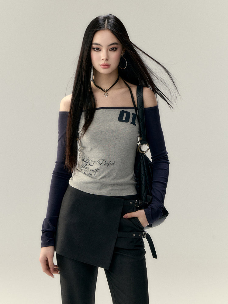 Letter Print Off-Shoulder Slim Fit T-shirt - CHINASQUAD