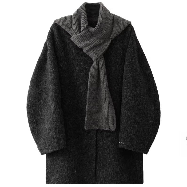 Knitted Hooded Scarf Mid-Length Wool Coat