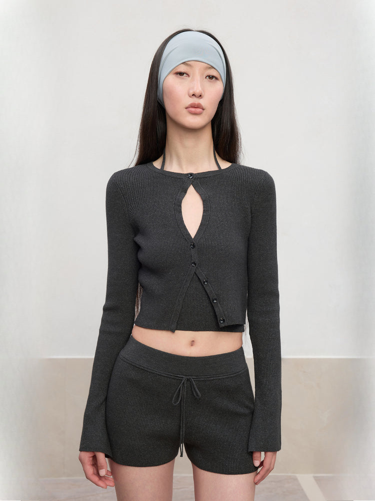 Hollow Spun Long-Sleeve Knit Cardigan