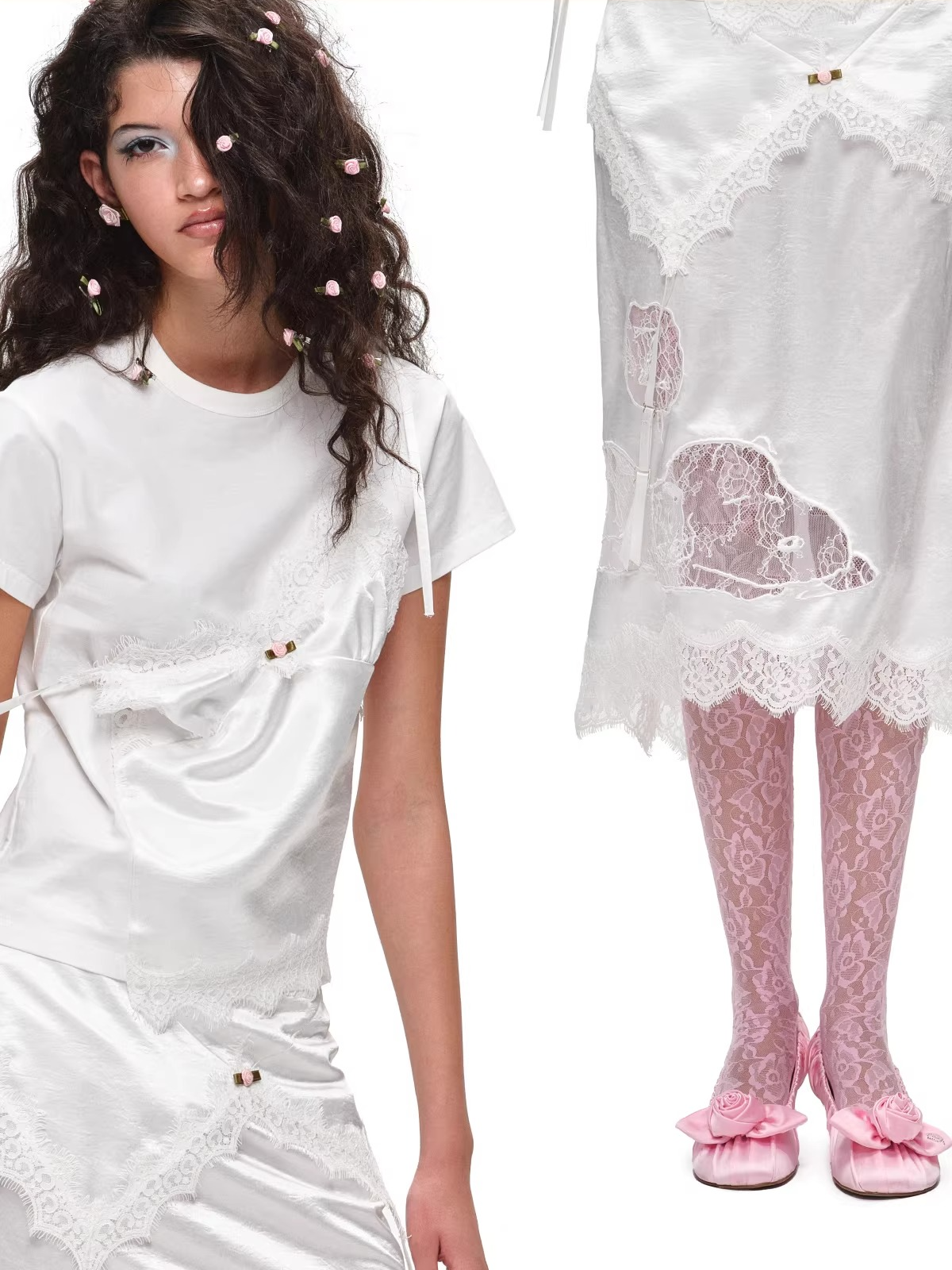 Snoopy Lace-Trim Satin Midi Skirt