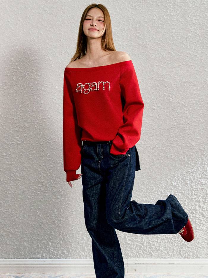 Red & Gray Pearl-studded Off-shoulder Sweatshirt - CHINASQUAD
