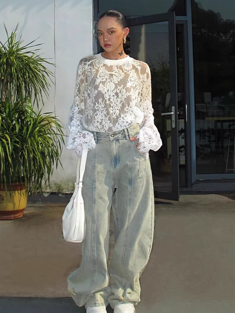 Washed Wide-Leg Denim Pants