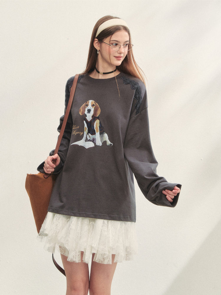 Lace Panel Dog Print Crew Neck Tee - CHINASQUAD