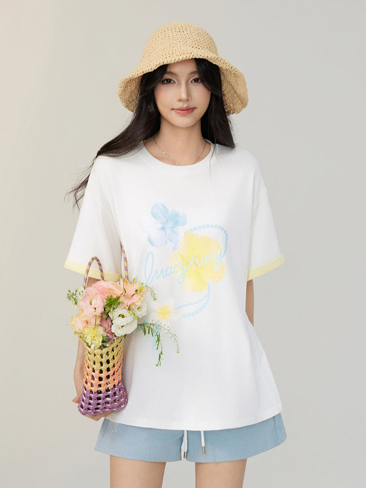 White Contrast-Color Cooling Floral T-shirt