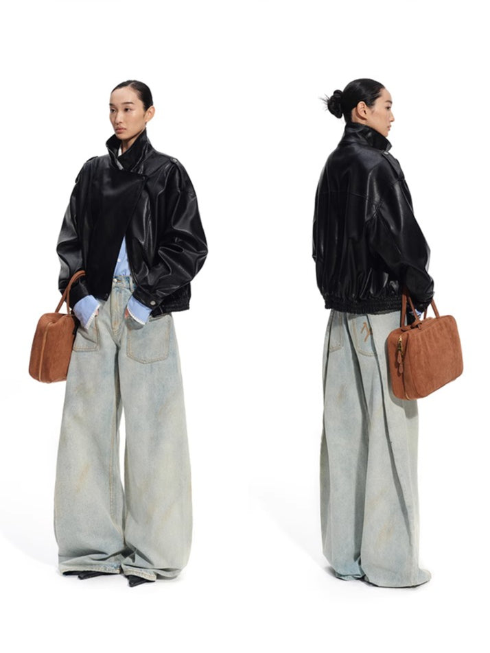 "Rose Series" Oversized Collar Faux Leather Jacket - CHINASQUAD