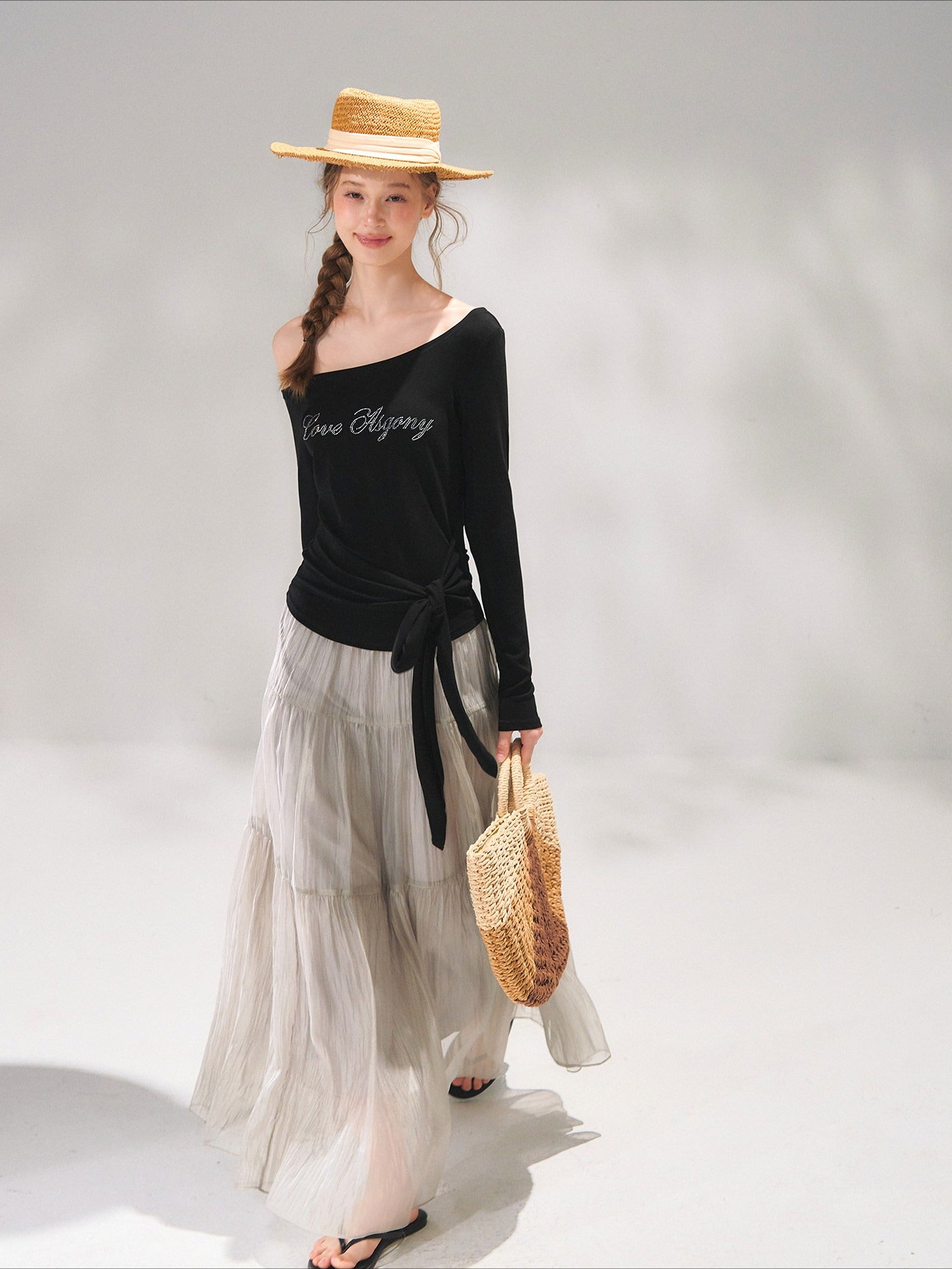 Asymmetric Crystal Logo Tie-Shoulder Fitted Tee
