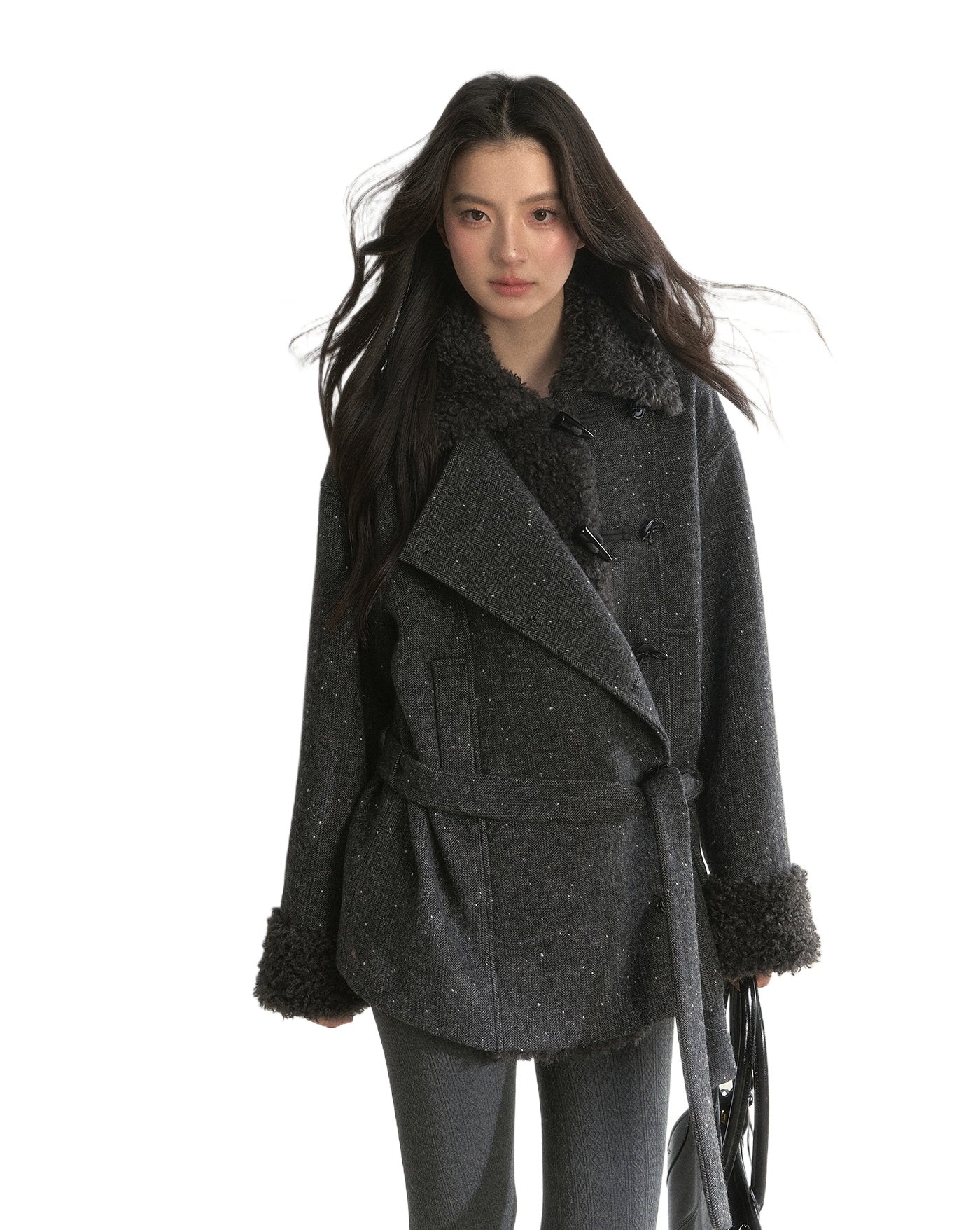 Deep Grey & Brown Wool Blend Fleece-Collar Coat
