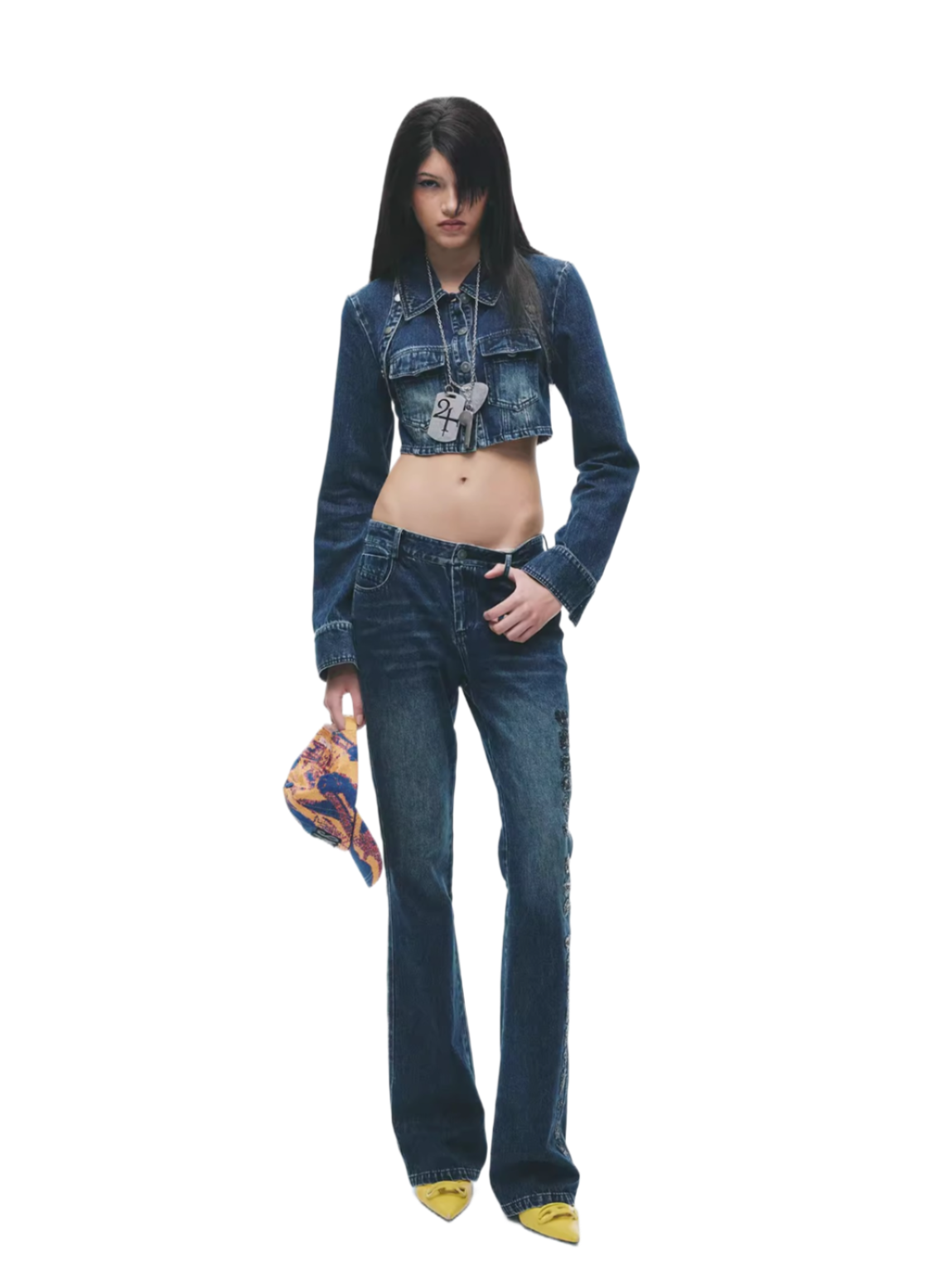 Y2K Washed Denim Cropped Set with Embroidered Patch Detail