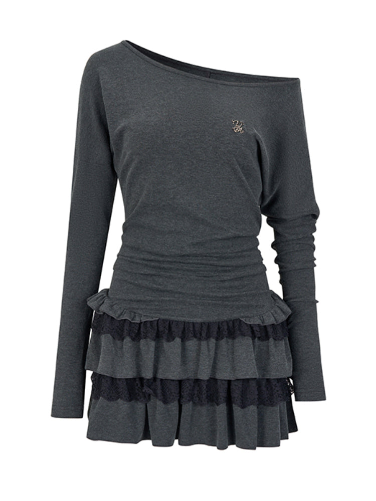 One-Shoulder Lace-Trim Tiered Dress - CHINASQUAD