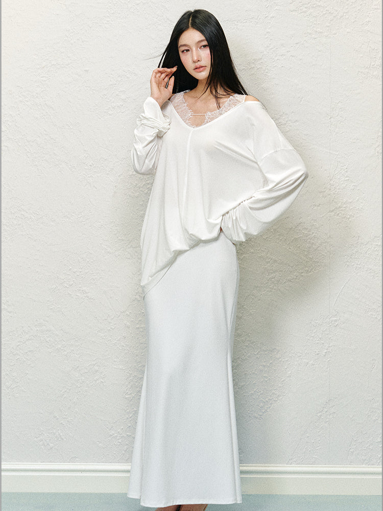 Lace Spliced V-neck Fake Two-Piece T-shirt - CHINASQUAD