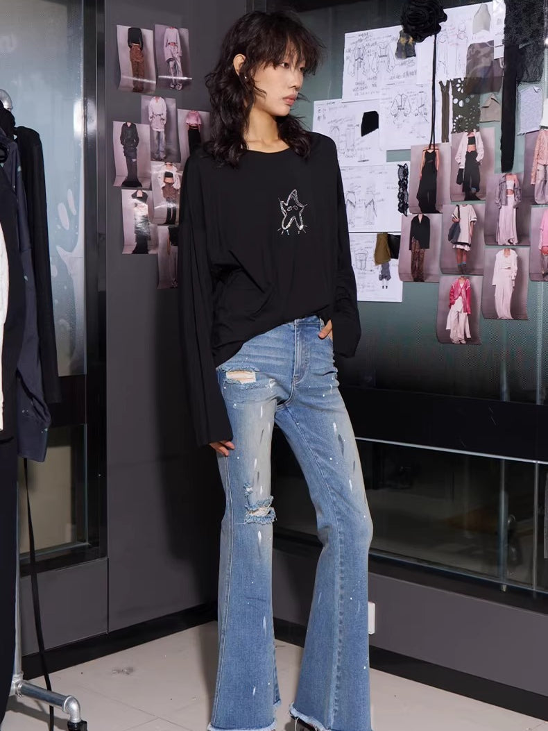 Paint-Splatter Flared Denim Pants