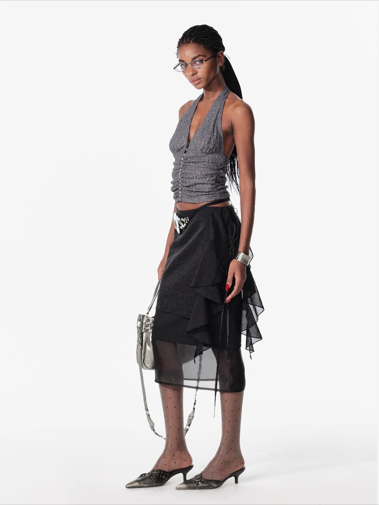 Layered Mesh Tie-Up Midi Skirt - CHINASQUAD