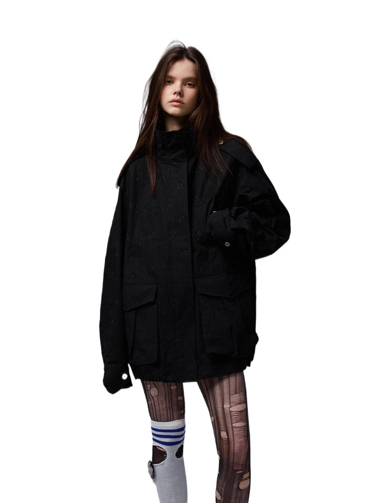 Embroidered Jacquard Multi-Pocket Stand-Collar Utility Jacket