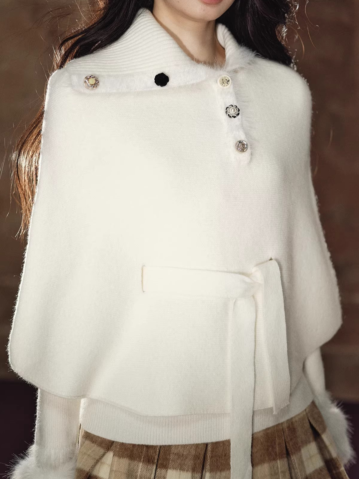 Faux Fur Base Top & Waist-Cinching Cape Knit Set