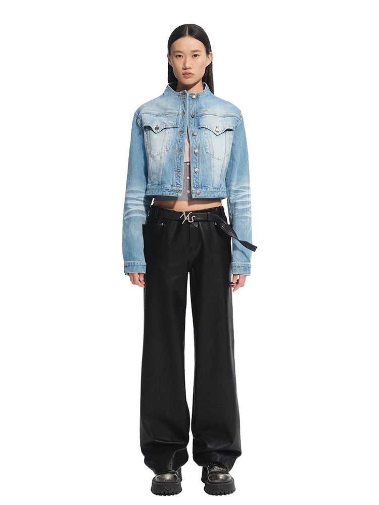 Twill Denim Cat-Whisker Stand-Collar Cropped Jacket - CHINASQUAD