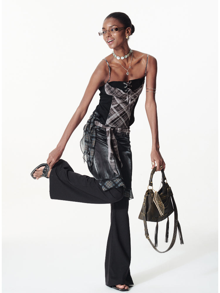 Strappy Contrast Polka Dot Plaid Cami - CHINASQUAD