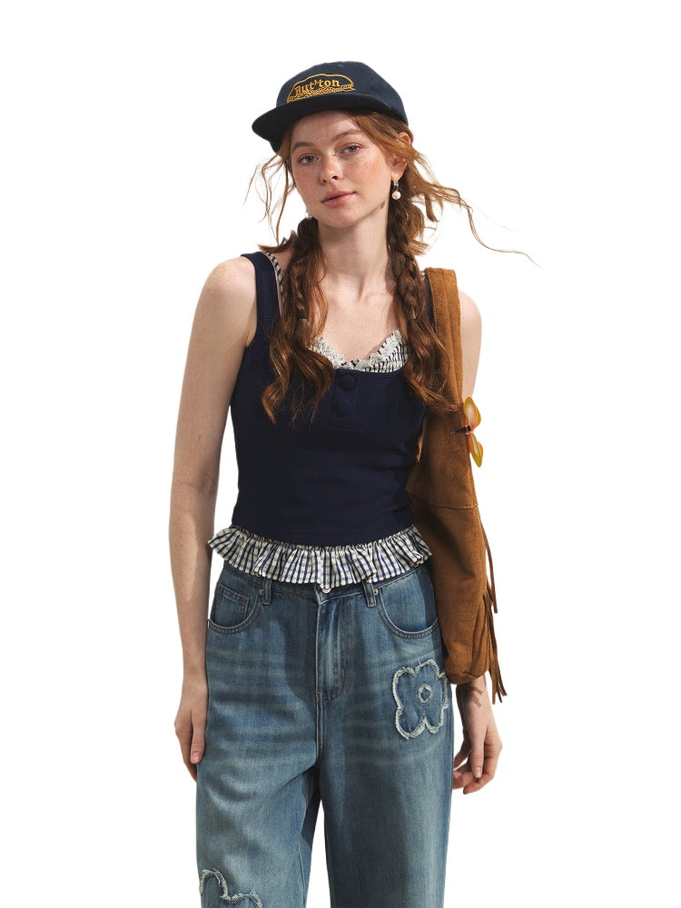 Plaid Halter Fake Two-Piece Inner Vest - CHINASQUAD