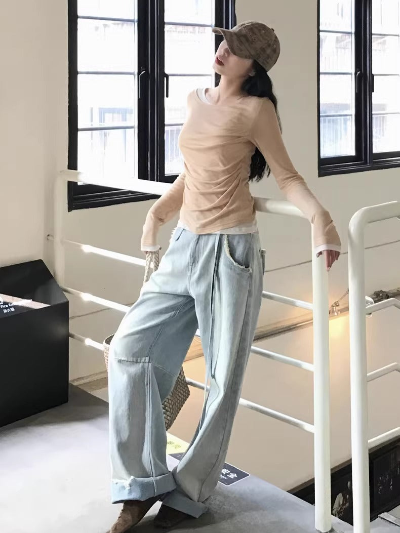 Washed Pleated Banana-Fit Denim Pants