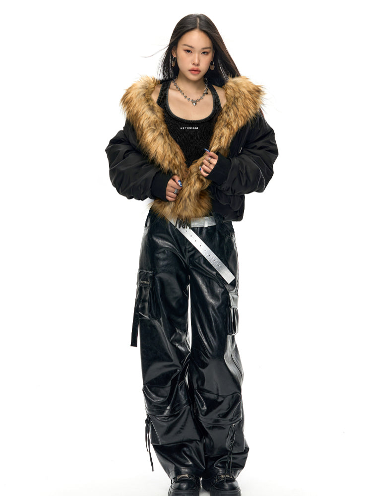 Fur Collar Oversized Down Flight Jacket - CHINASQUAD