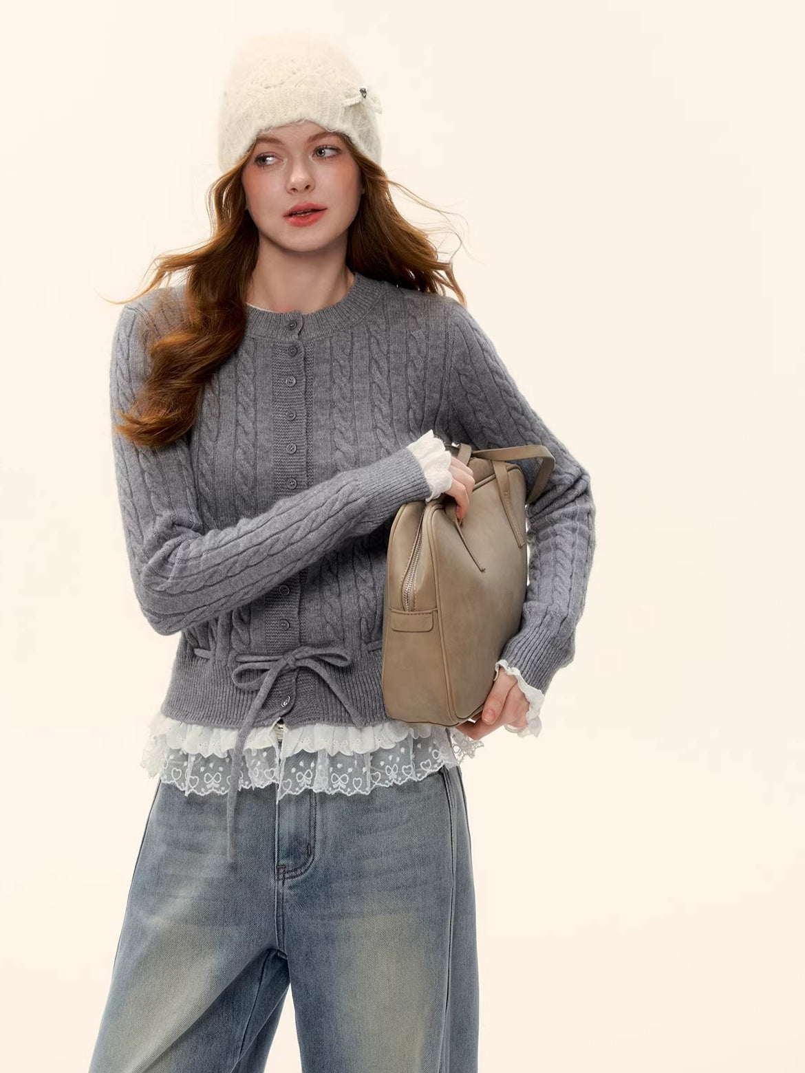 Cable Knit Lace-Hem Drawstring Sweater