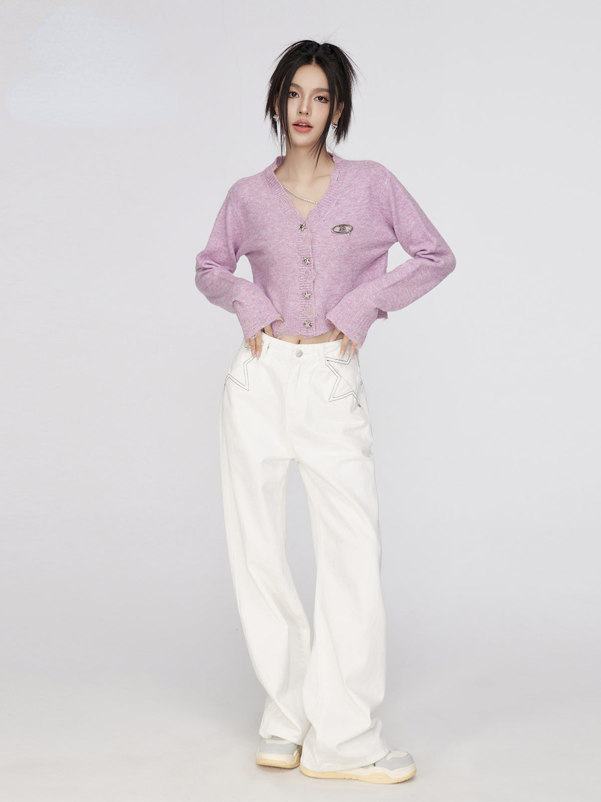 Black & White Star Printed Wide-Leg Jeans - CHINASQUAD