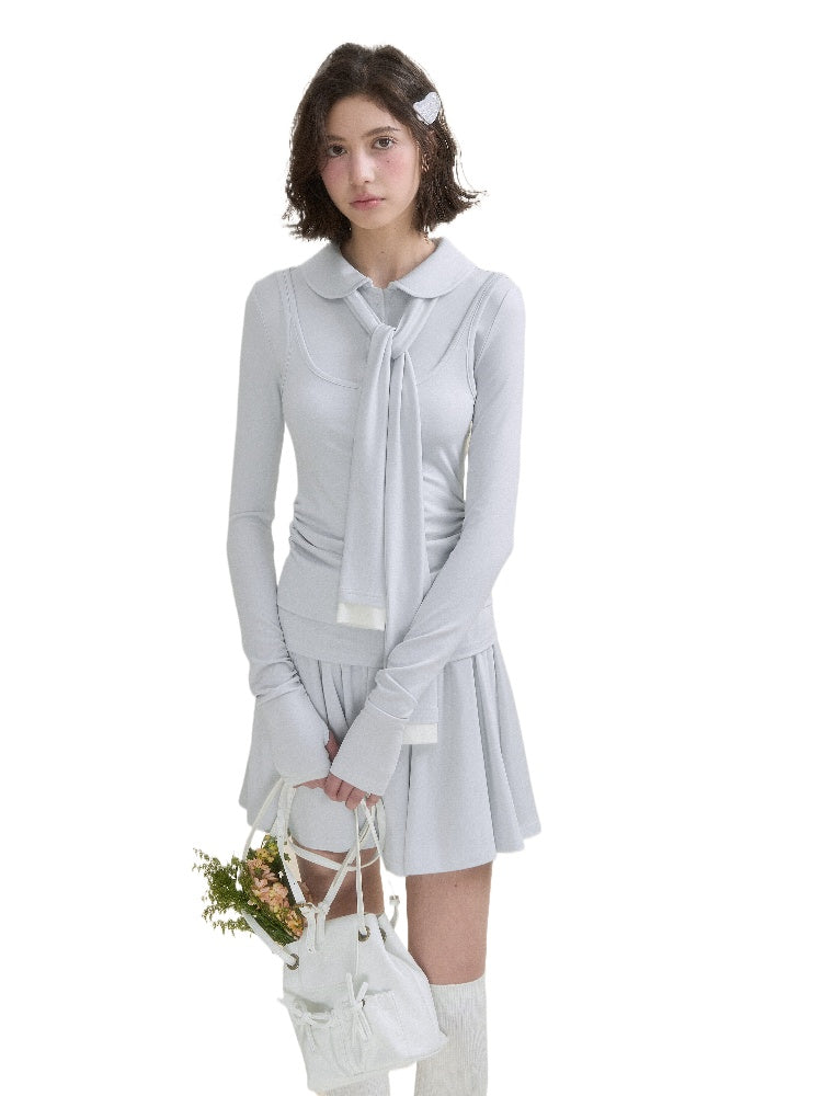 White & Blue Collared Knit Top & Skirt Set - CHINASQUAD