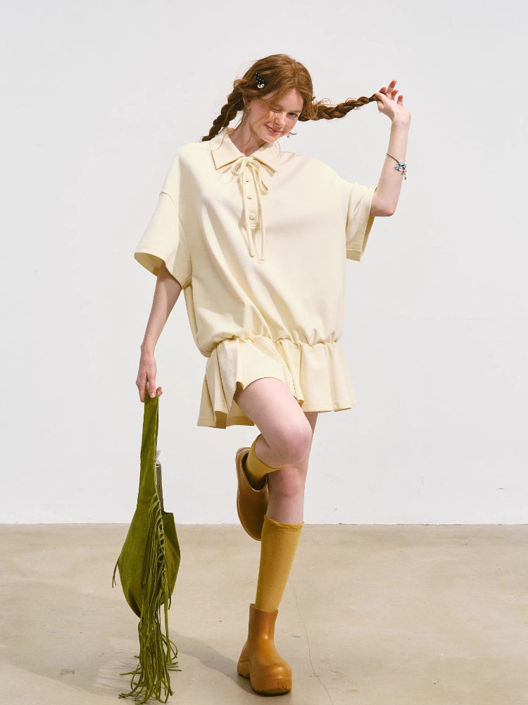 Bowknot Pleated Short-sleeved Dress - CHINASQUAD