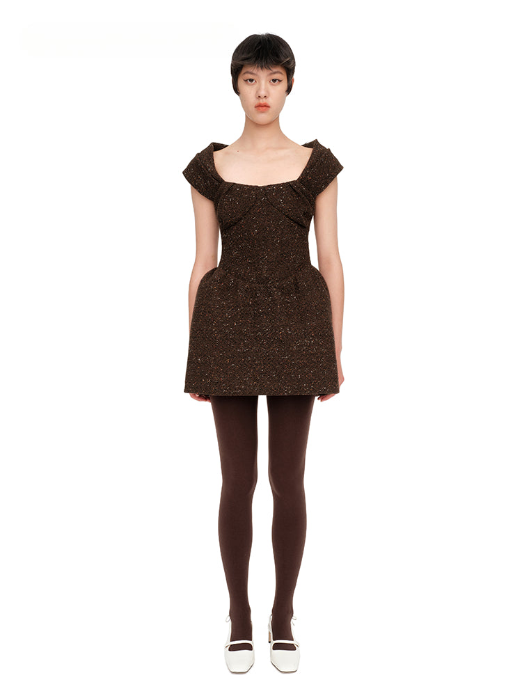 Brown Pleated Structured Dress - CHINASQUAD
