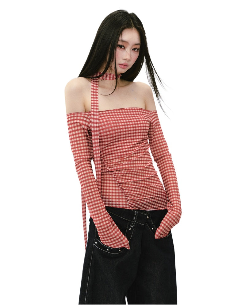 Plaid Mesh Ribbon Sunshade Long Sleeve T-shirt - CHINASQUAD