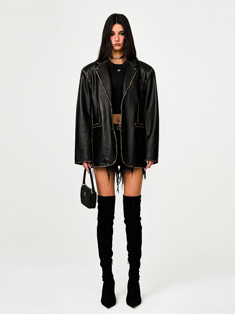 Compass Wild Distressed Leather Blazer - CHINASQUAD