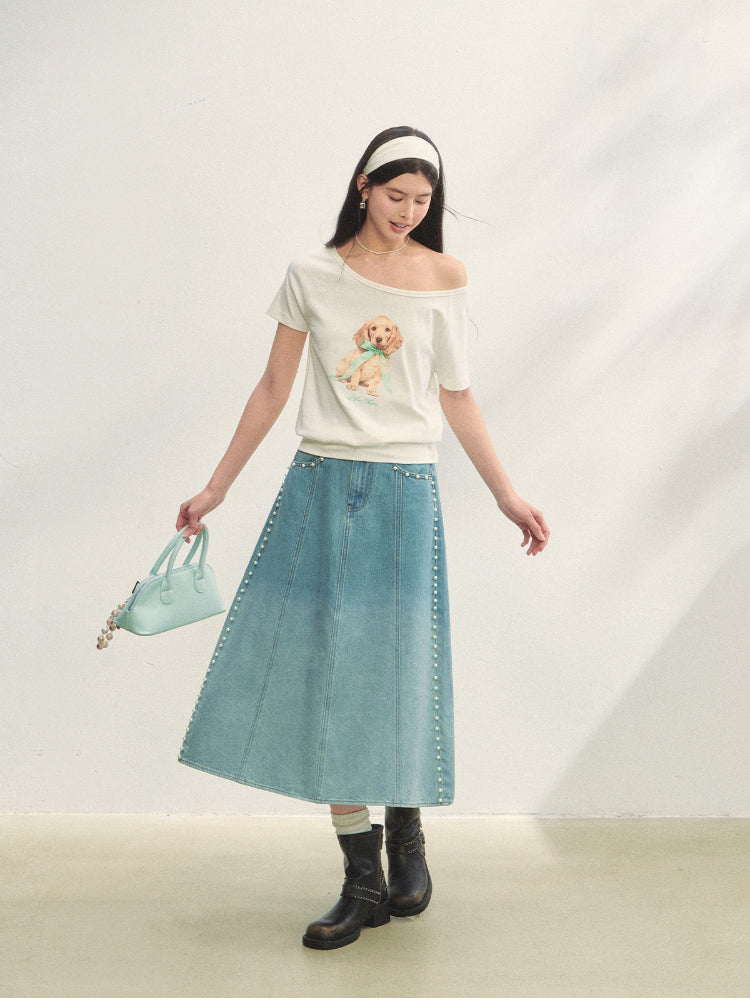 Asymmetric Shoulder Bow Puppy Printed T-Shirt - CHINASQUAD