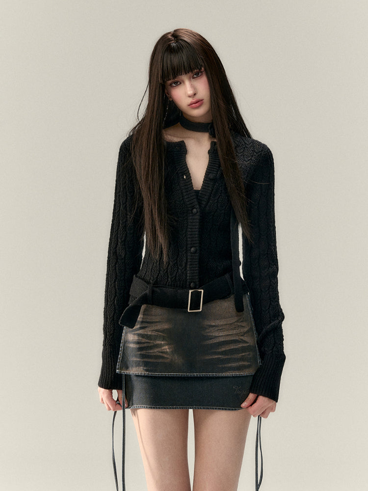 Belted Hollow Out Knit Sweater - CHINASQUAD