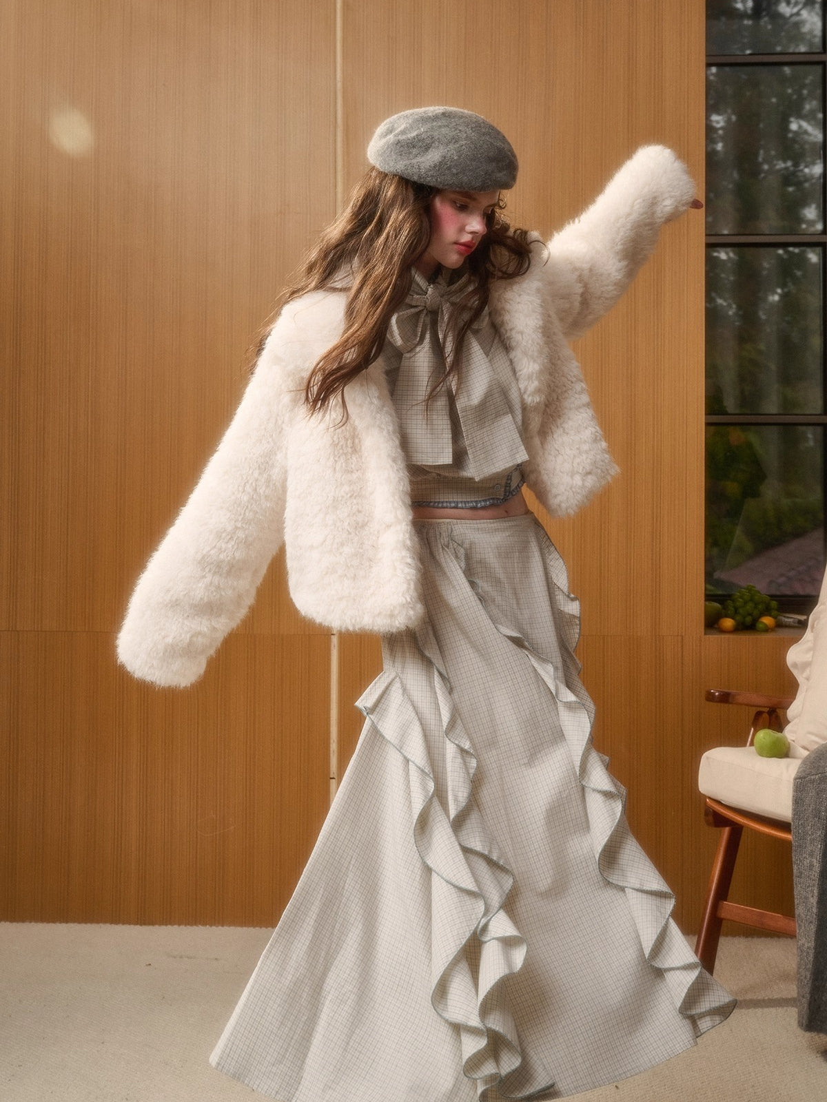 Cranberry Snow Plush Faux Fur Short Jacket