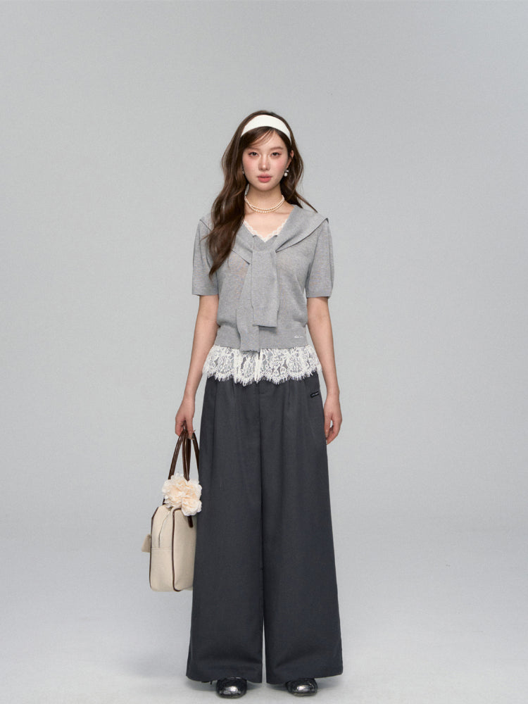 Lace Spliced V-Neck Knitted T-Shirt - CHINASQUAD