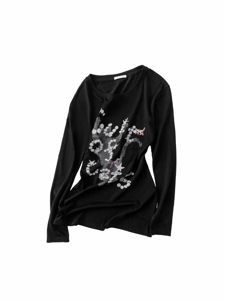 Printed Open-Back Hollow Long-Sleeve T-shirt
