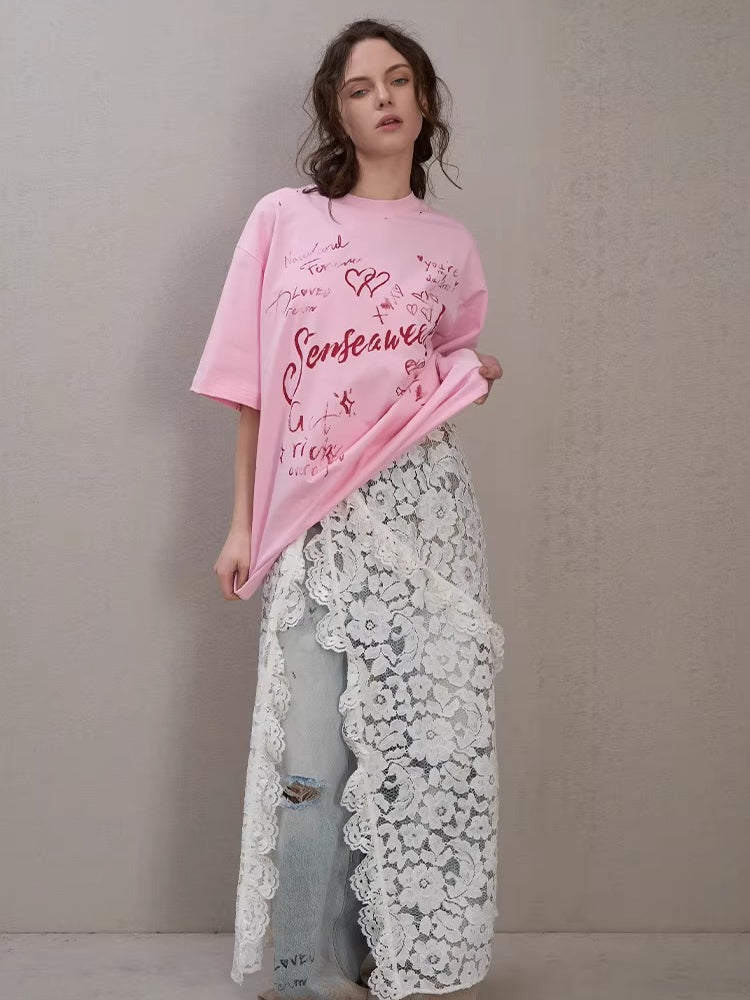 Letter Print Distressed Oversized T-Shirt
