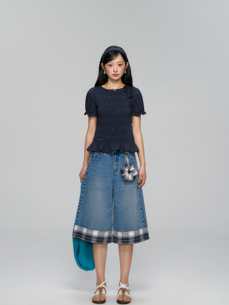 Three-Dimensional Flower Pleated Short-Sleeve Blouse - CHINASQUAD