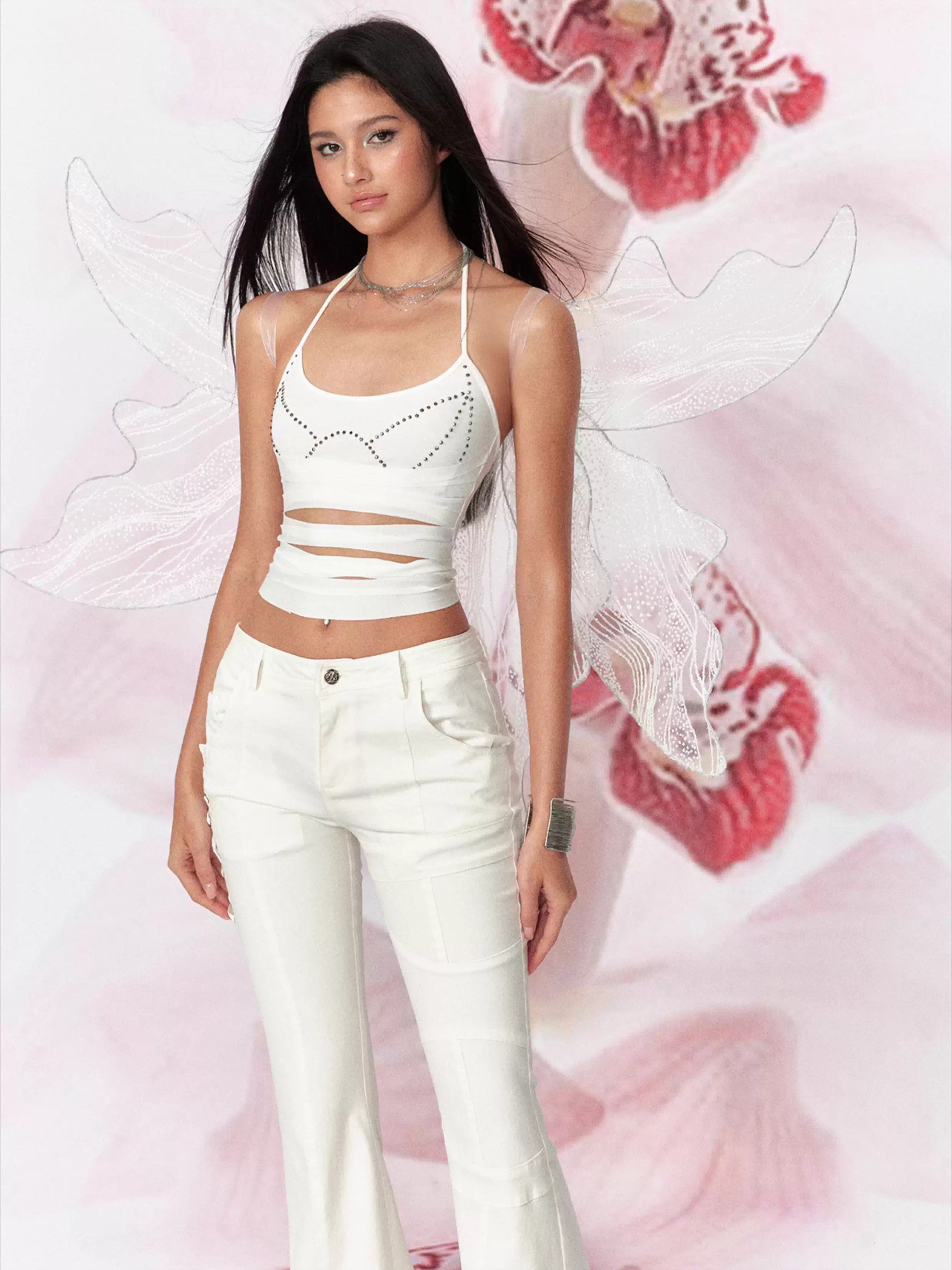 Cotton Cut-Out Rhinestone Halter Knit Cami Top