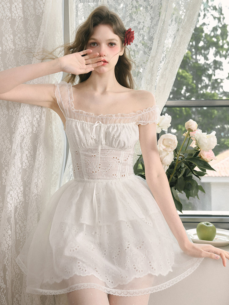 White Embroidered Puff Dress - CHINASQUAD