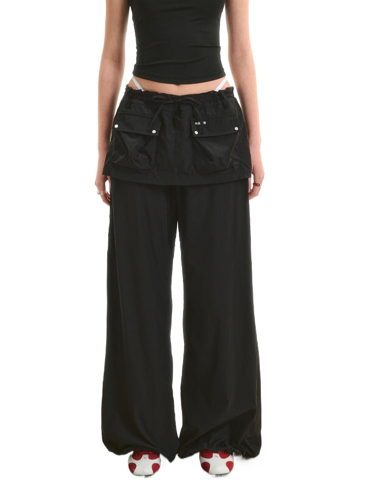 Faux Two-Piece Low-Waist Loose Drawstring Pants - CHINASQUAD