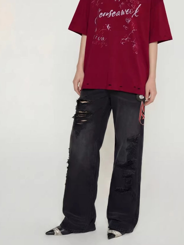 Black-Whisker Straight-Leg Denim Jeans