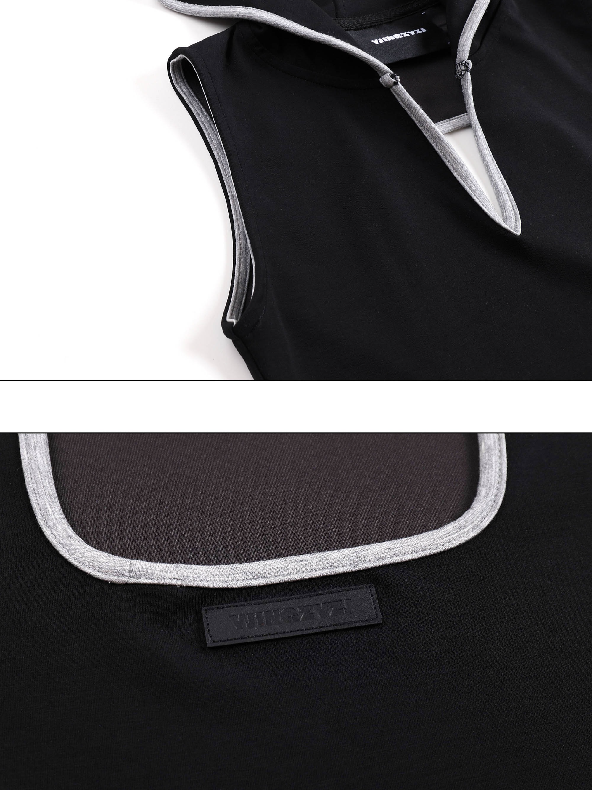 V-Cutout Hooded Sleeveless Trim Top In Black