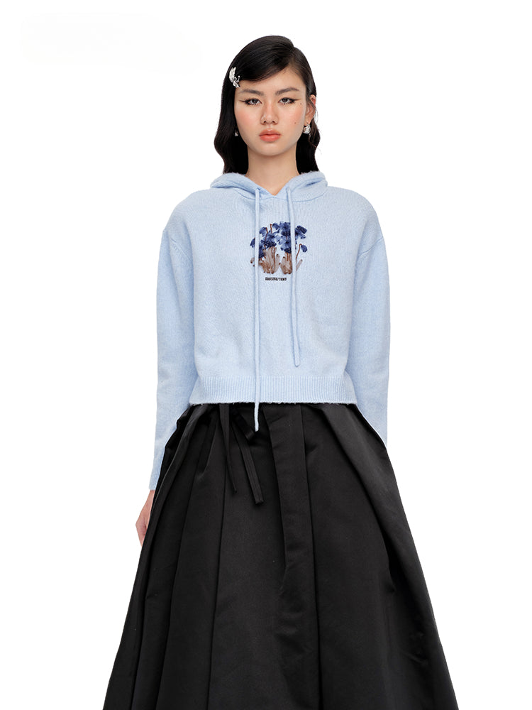 Blue & Pink Floral Embroidery Hooded Knit Sweatshirt - CHINASQUAD