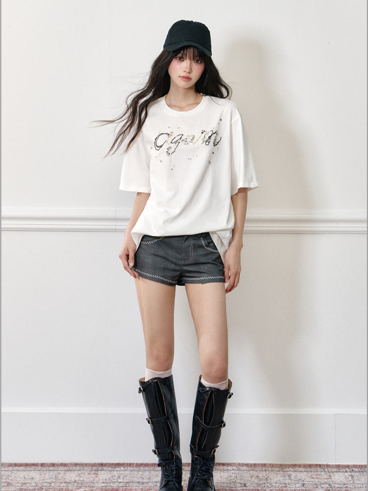 LOGO Bead Embroidered Short Sleeve T-shirt - CHINASQUAD