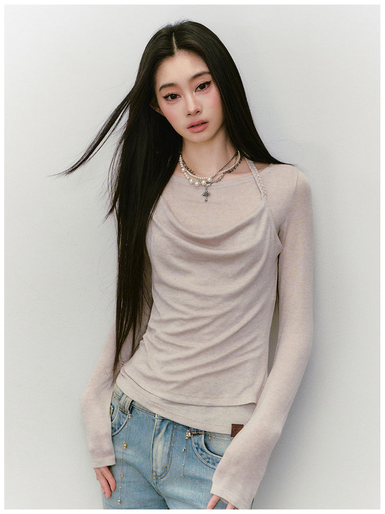 Fake Two-Piece Knit Long-Sleeve Blouse - CHINASQUAD