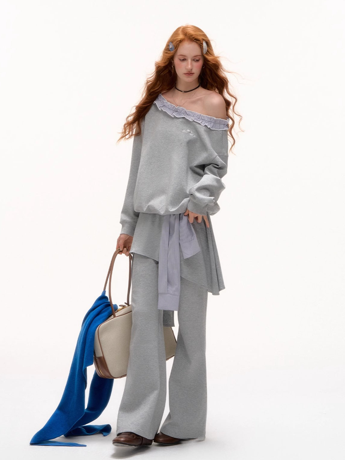 Stripe Ruffled Off-shoulder Sweatshirt - CHINASQUAD