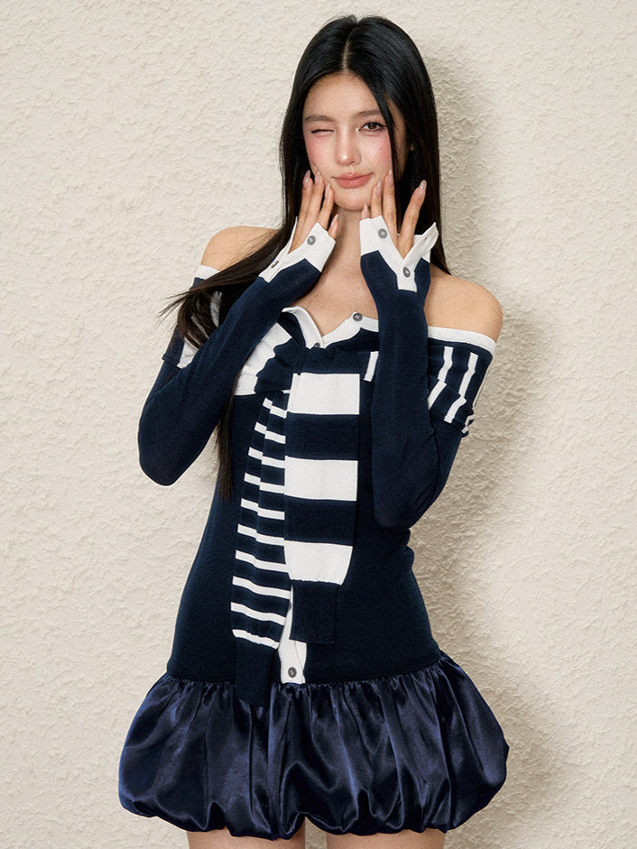 Off-Shoulder Striped Tie Midi Dress - CHINASQUAD